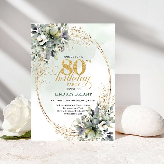 Invitación elegante de cumpleaños 80 Bohemian Gree (Elegant Bohemian Greenery 80th Birthday Invite)