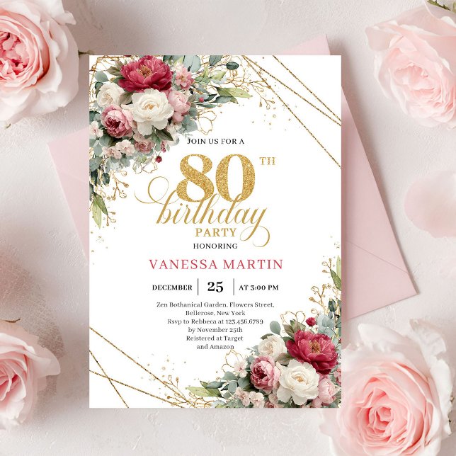 Invitación elegante de cumpleaños 80 burgundy blus (Burgundy blush floral elegant 80th birthday invitation gold

)