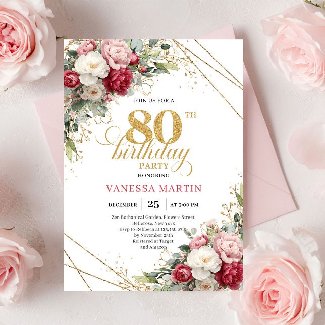 Invitación elegante de cumpleaños 80 burgundy rubo (Elegant Burgundy Blush Gold 80th Birthday Invite)