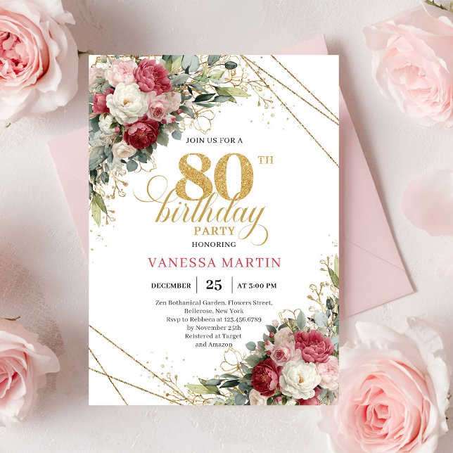 Invitación elegante de cumpleaños 80 con flores de (Elegant Red Blush Floral 80th Birthday Invite)