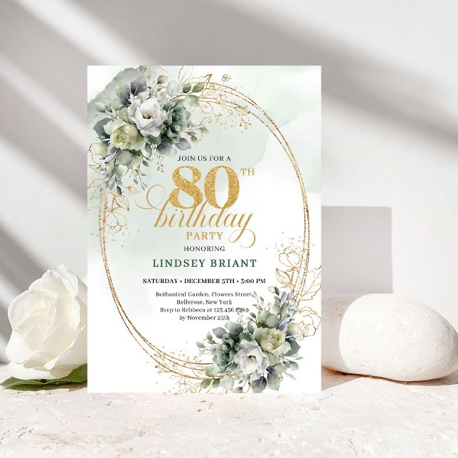 Invitación elegante de cumpleaños 80 con vegetació (Elegant Botanical Greenery 80th Birthday Invite)