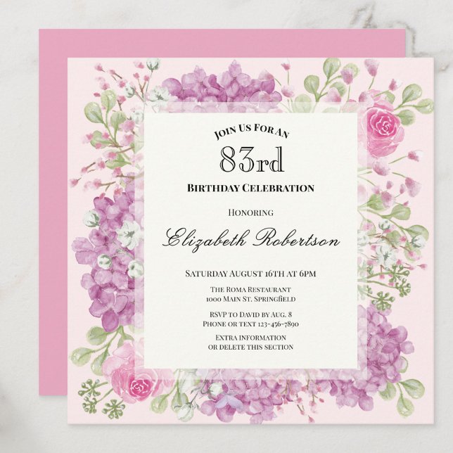 Invitación elegante de cumpleaños 83 con flores ro (Subido por el creador)