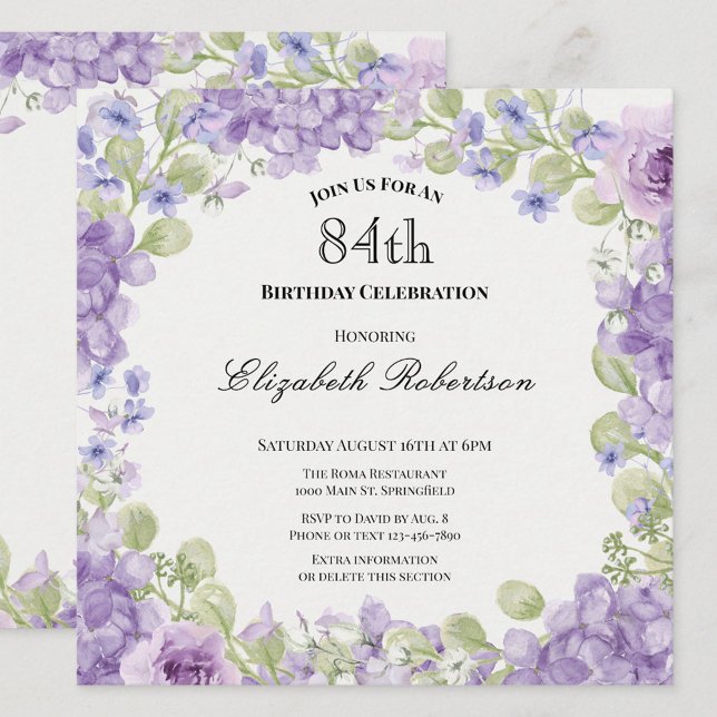 Invitación elegante de cumpleaños 84 con flores pú (Subido por el creador)