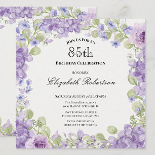 Invitación elegante de cumpleaños 85 con flores pú