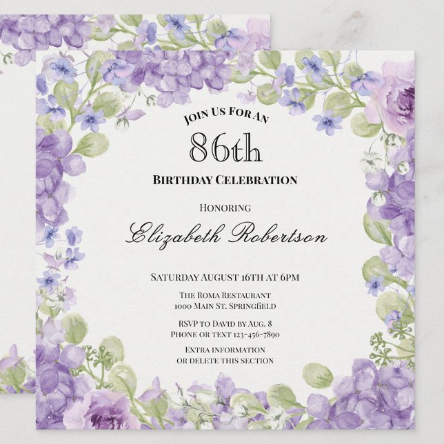 Invitación elegante de cumpleaños 86 con flores pú (Subido por el creador)