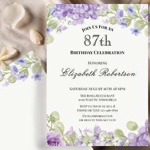 Invitación elegante de cumpleaños 87 con floral pú