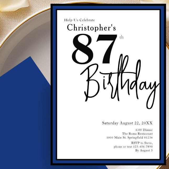 Invitación elegante de cumpleaños 87 moderno azul  (Subido por el creador)