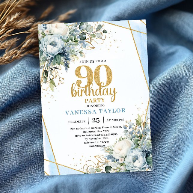 Invitación elegante de cumpleaños 90 con acuarela  (Gold Blue Watercolor Elegant 90th Birthday Invite)