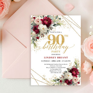 Invitación elegante de cumpleaños 90 con flores de