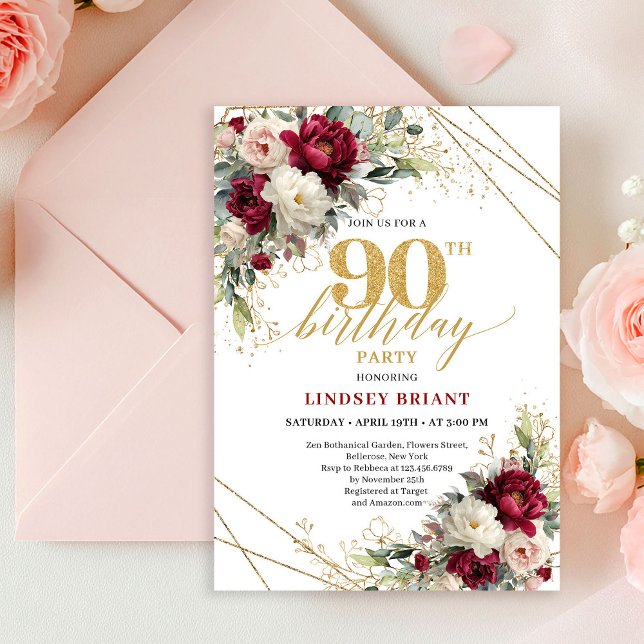 Invitación elegante de cumpleaños 90 con flores de (Elegant Maroon Gold Floral 90th Birthday Invite Card

)