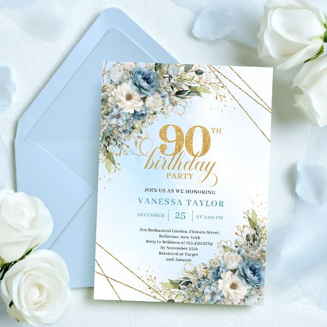 Invitación elegante de cumpleaños 90 con polvo azu (Elegant Dusty Blue Botanical 90th Birthday Invite

)