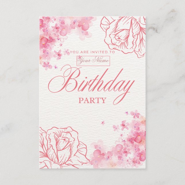 Invitación elegante de cumpleaños con motivos flor (Anverso)