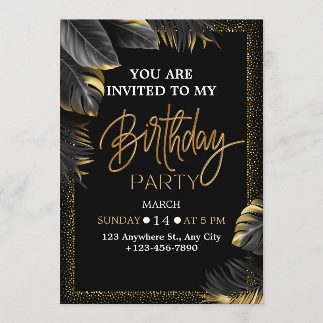 Invitación elegante de cumpleaños con tema tropica (Anverso)