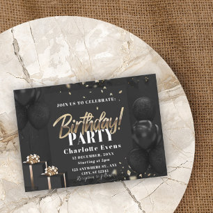 Invitación elegante de cumpleaños en negro y dorad