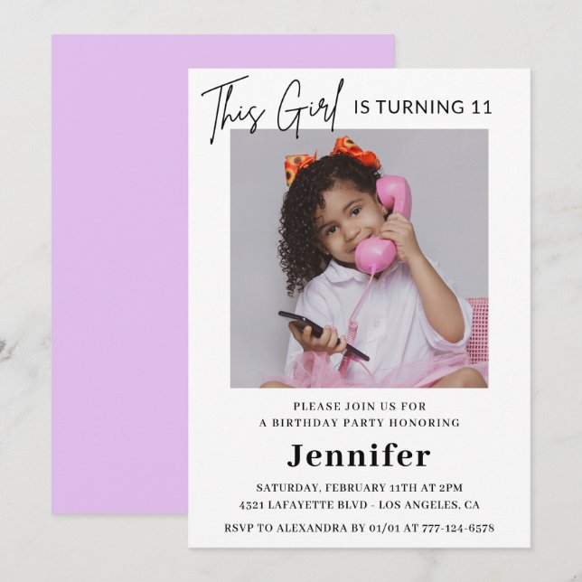 Invitación elegante de cumpleaños número 11 con fo (Anverso / Reverso)