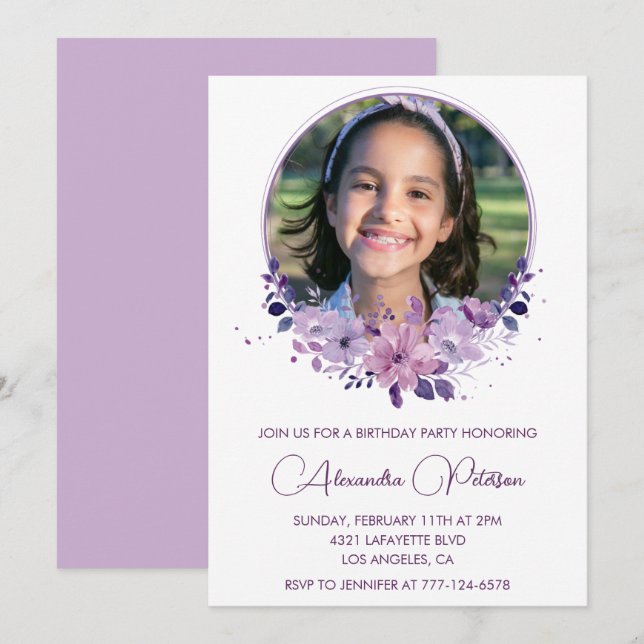 Invitación elegante de cumpleaños número 11 con fo (Anverso / Reverso)