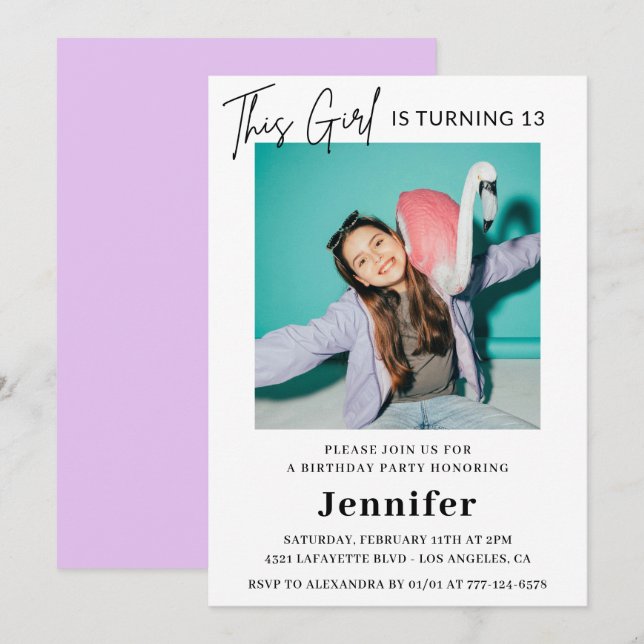 Invitación elegante de cumpleaños número 13 con fo (Anverso / Reverso)