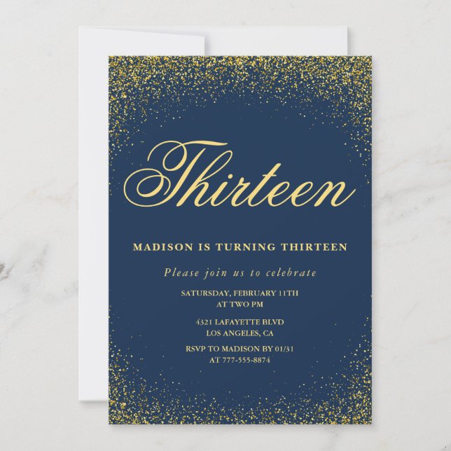 Invitación elegante de cumpleaños número 13 dorado (Anverso)