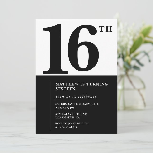 Invitación elegante de cumpleaños número 16 Black  (Anverso de pie)