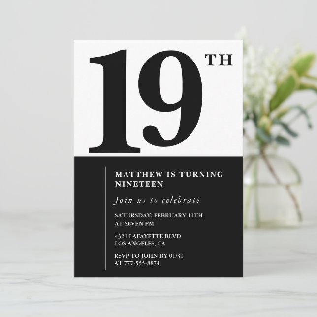 Invitación elegante de cumpleaños número 19 Black  (Anverso de pie)