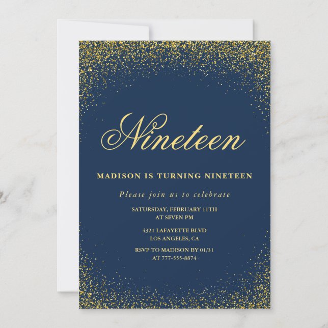 Invitación elegante de cumpleaños número 19 con br (Anverso)