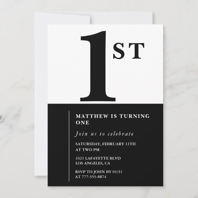 Invitación elegante de cumpleaños número 1 Black C (Anverso)
