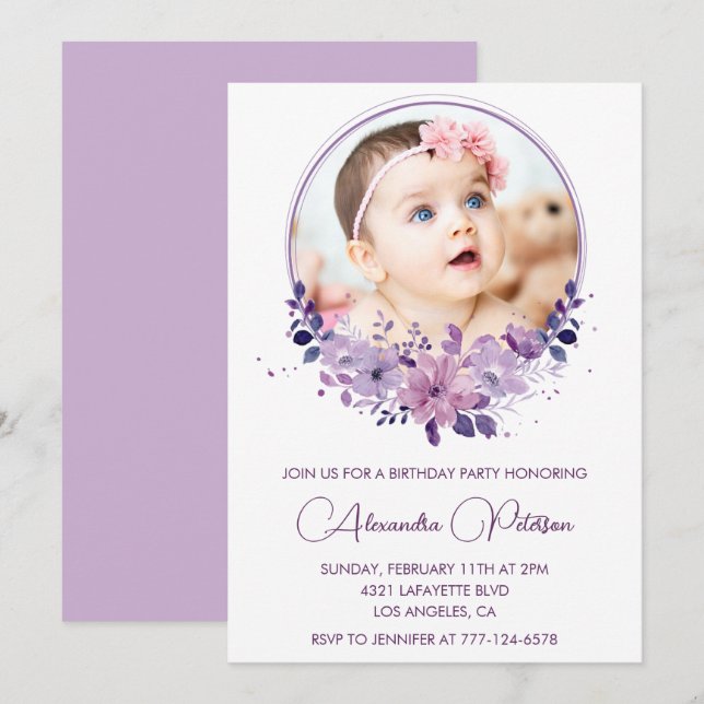 Invitación elegante de cumpleaños número 1 con fot (Anverso / Reverso)