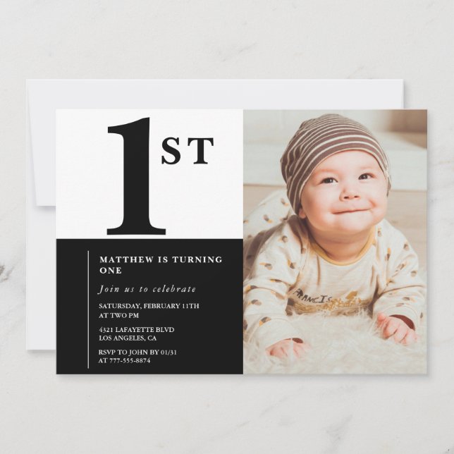 Invitación elegante de cumpleaños número 1 con fot (Anverso)