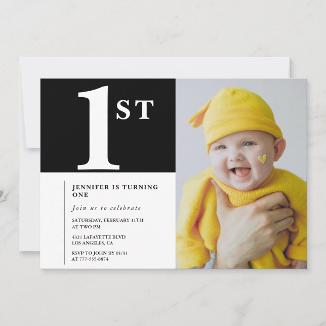 Invitación elegante de cumpleaños número 1 en blan (Anverso)