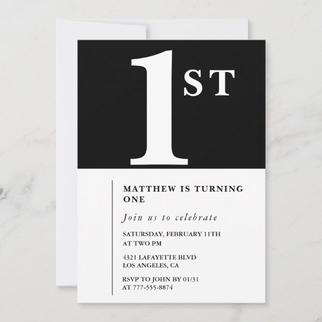 Invitación elegante de cumpleaños número 1 en negr (Anverso)