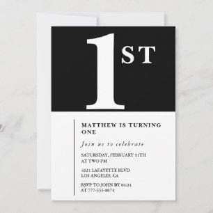 Invitación elegante de cumpleaños número 1 en negr