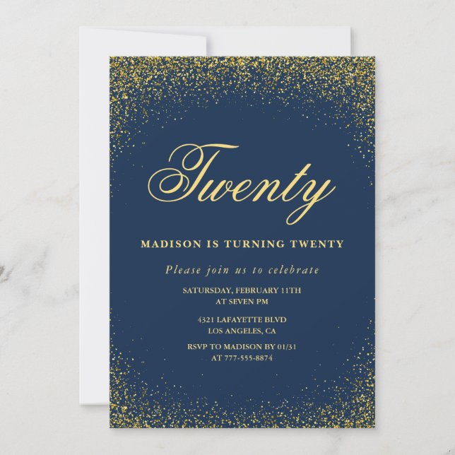 Invitación elegante de cumpleaños número 20 con br (Anverso)