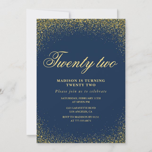 Invitación elegante de cumpleaños número 22 con br (Anverso)
