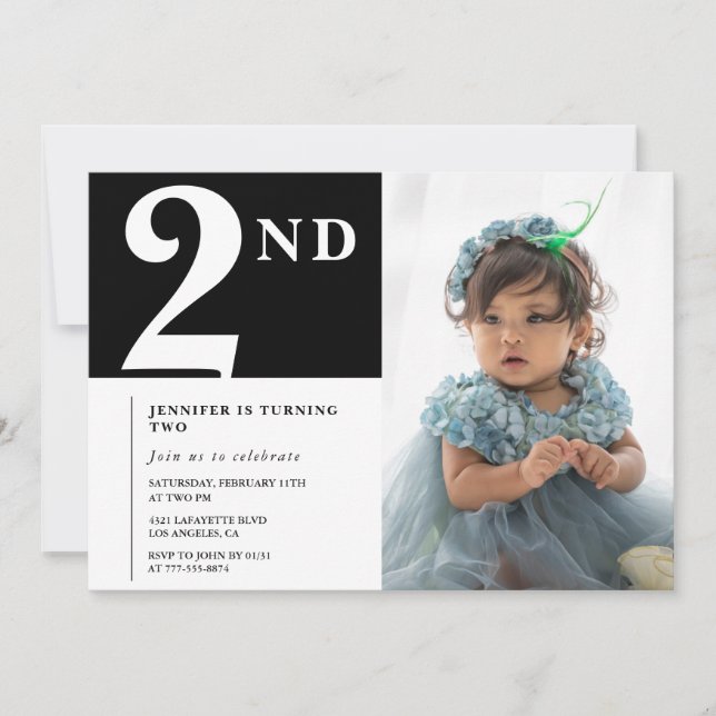 Invitación elegante de cumpleaños número 2 Black C (Anverso)