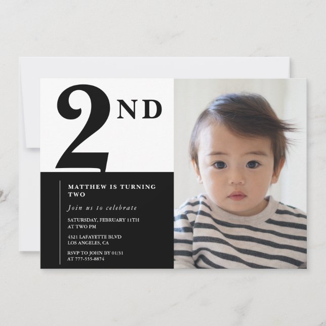 Invitación elegante de cumpleaños número 2 Black C (Anverso)