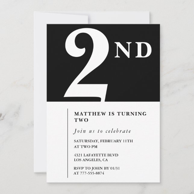 Invitación elegante de cumpleaños número 2 negro b (Anverso)