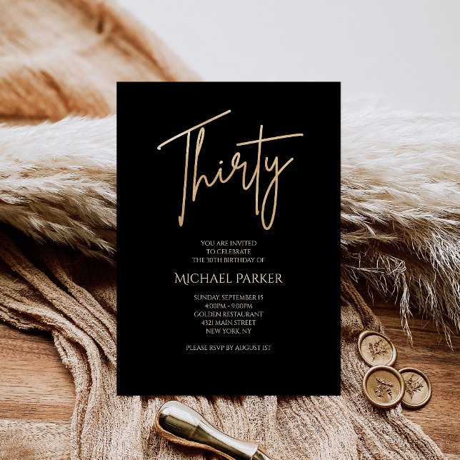Invitación elegante de cumpleaños número 30 en neg (Elegant Black and Gold 30th Birthday Party Invitation)
