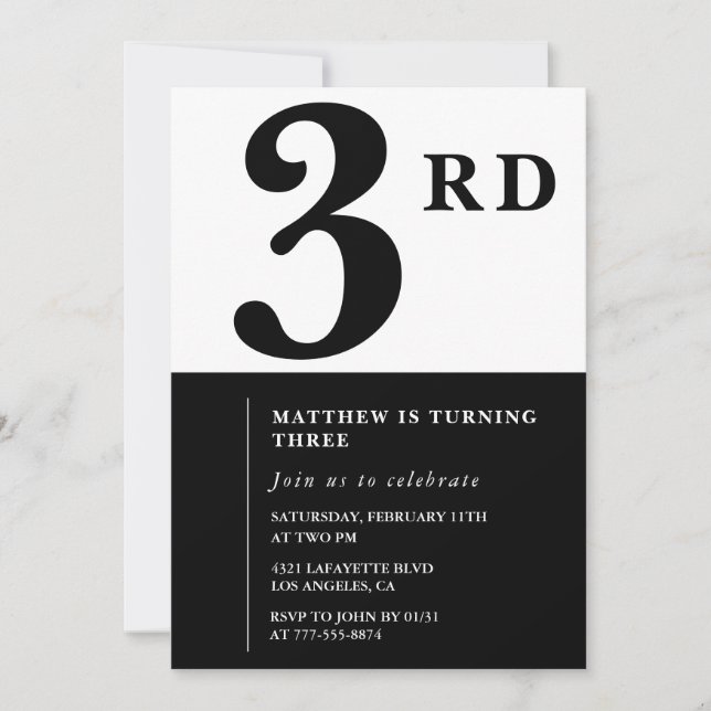Invitación elegante de cumpleaños número 3 Black C (Anverso)
