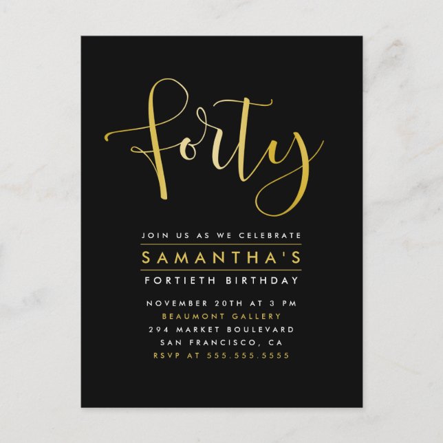 Invitación elegante de cumpleaños número 40 con lá (Anverso)