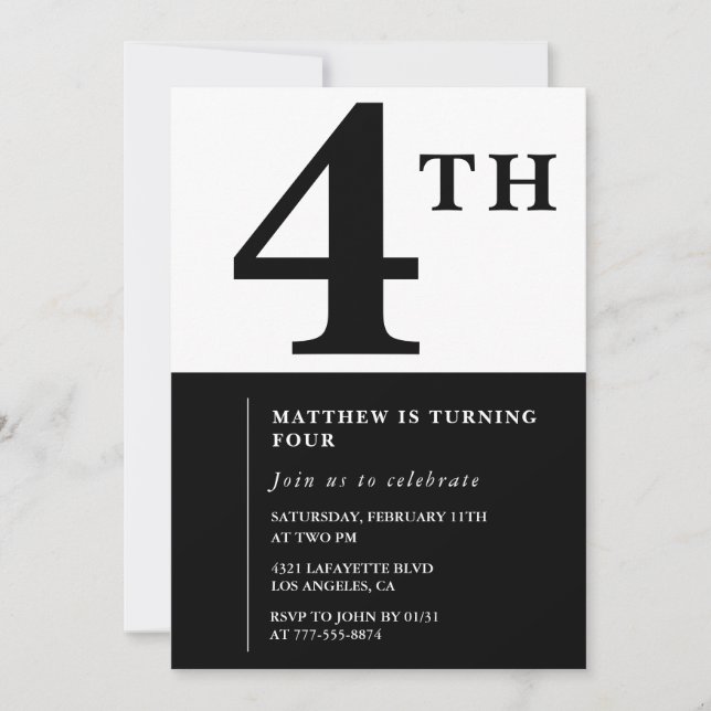 Invitación elegante de cumpleaños número 4 Black C (Anverso)