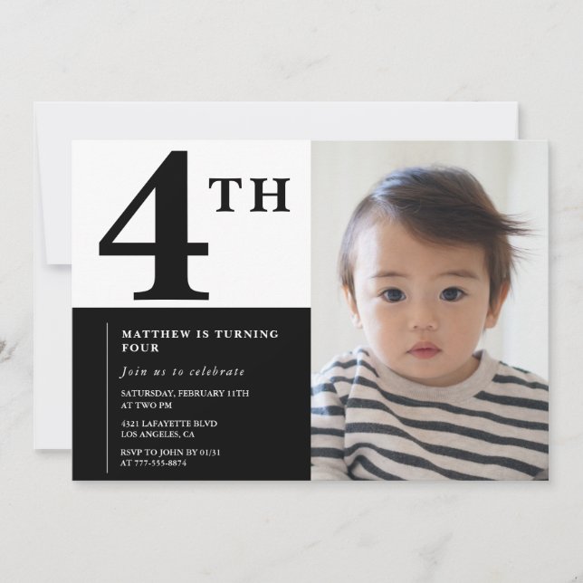 Invitación elegante de cumpleaños número 4 Black C (Anverso)