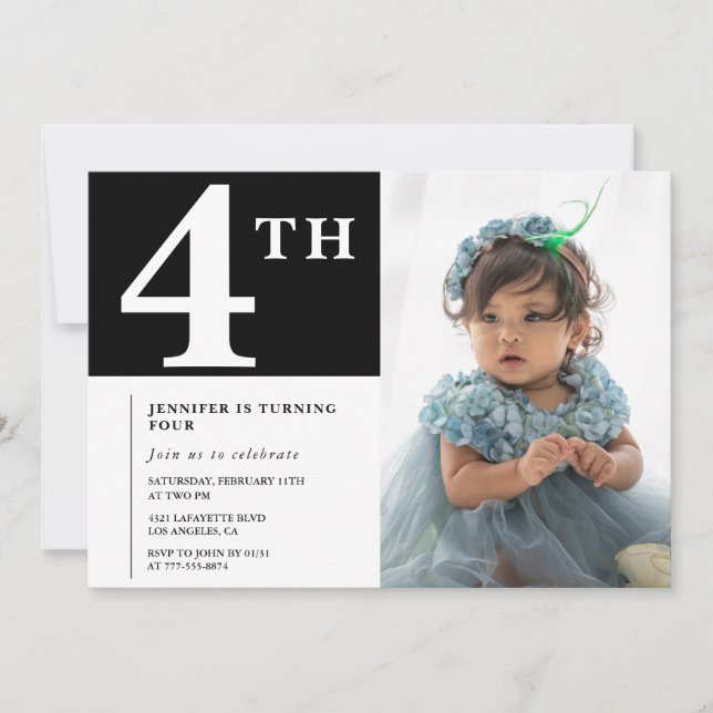 Invitación elegante de cumpleaños número 4 Black C (Anverso)