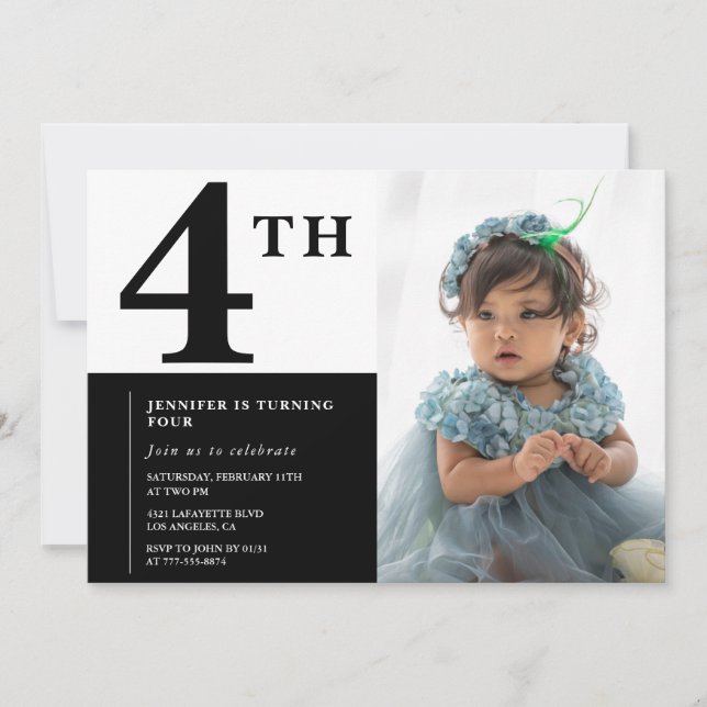Invitación elegante de cumpleaños número 4 para ni (Anverso)