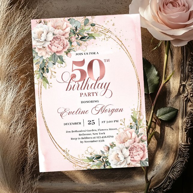 Invitación elegante de cumpleaños número 50 con ro (Graceful Rose Gold Floral 50th Birthday Invite)