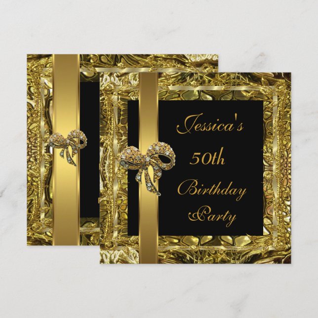 Invitación elegante de cumpleaños número 50 dorada (Anverso / Reverso)