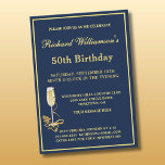 Invitación elegante de cumpleaños número 50 en azu<br><div class="desc">Esta elegante invitación de cumpleaños presenta los hermosos toques de filigrana dorada y la copa de champán como toque añadido y hay mucho que personalizar para hacer apropiado para su propio evento. Una tarjeta de invitación de cumpleaños número 50 (o cualquier edad) moderna y de moda para el caballero especial....</div>