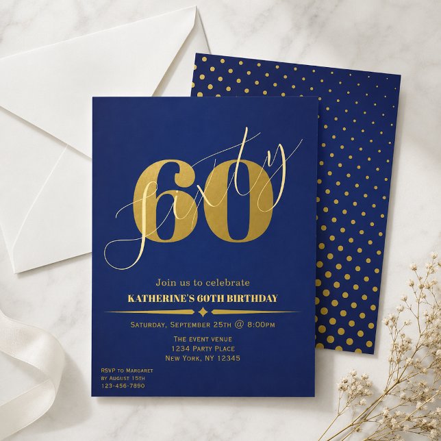 Invitación elegante de cumpleaños número 60 azul y (Subido por el creador)