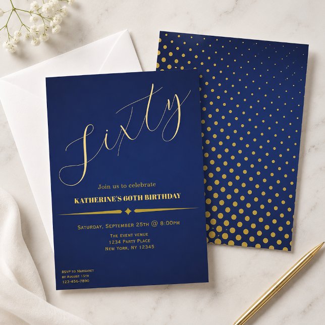 Invitación elegante de cumpleaños número 60 azul y (Subido por el creador)