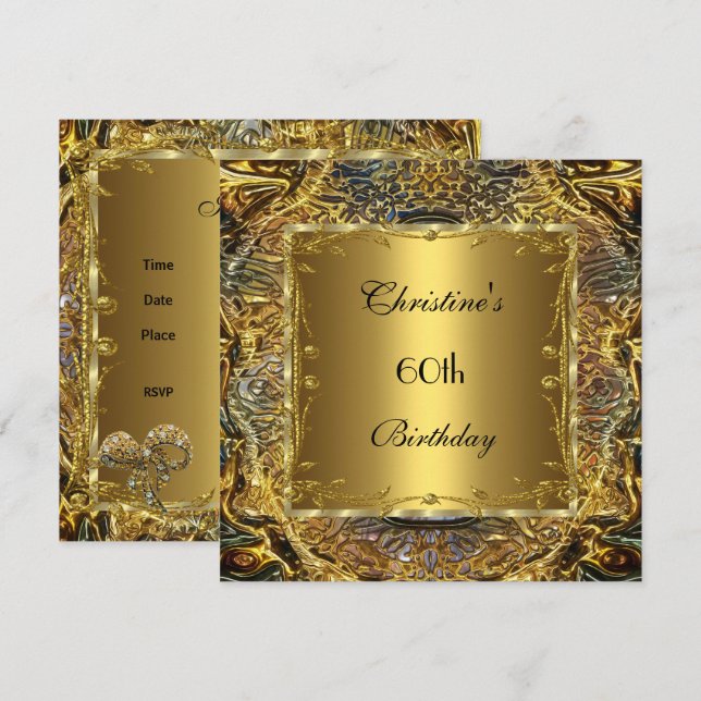 Invitación elegante de cumpleaños número 60 dorada (Anverso / Reverso)