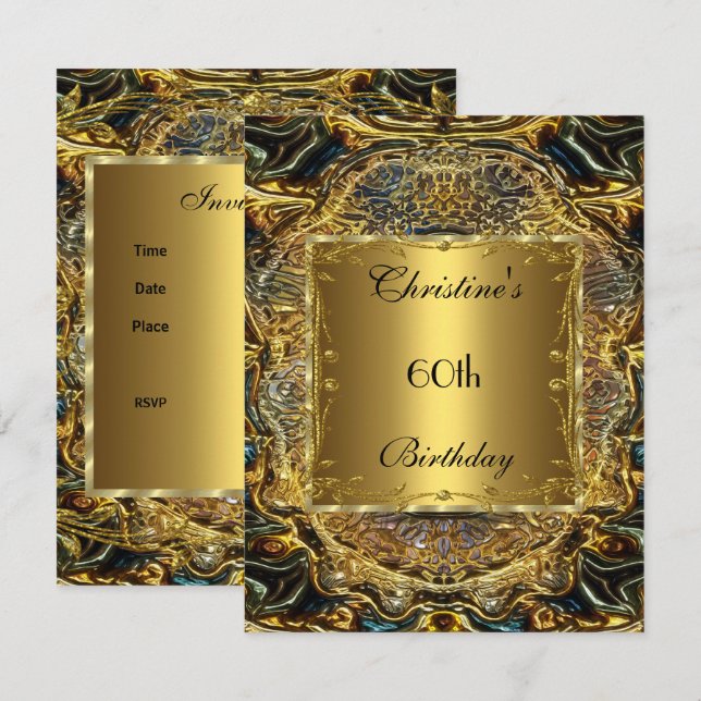 Invitación elegante de cumpleaños número 60 dorada (Anverso / Reverso)